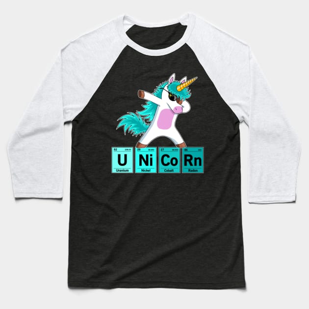 Dabbing Unicorn Dab Dance Chemical Elements Baseball T-Shirt by Xizin Gao